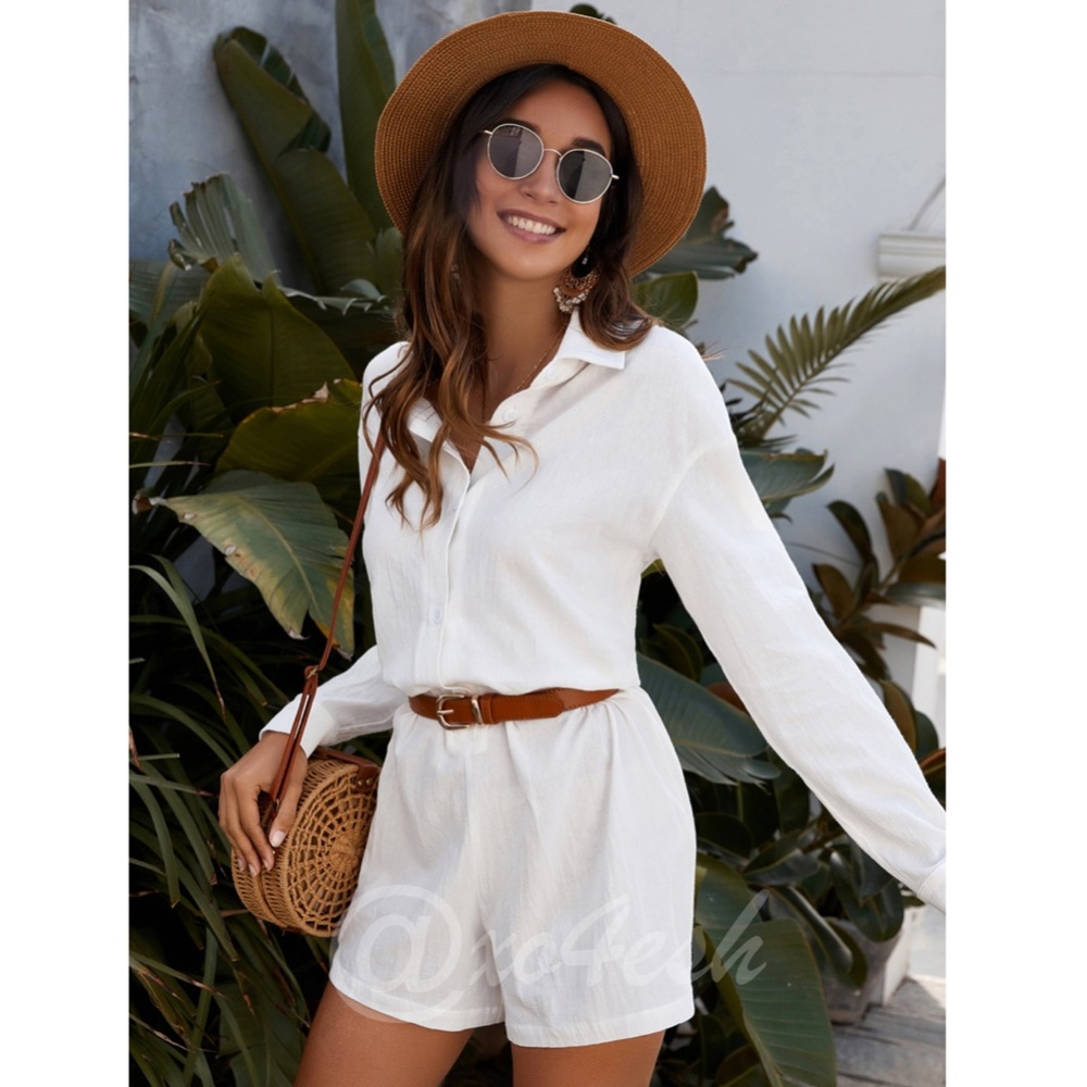 100% Cotton White Plain Playsuit Jumpsuit Romper Shirt Style Long Sleeve - Picture 6 of 7